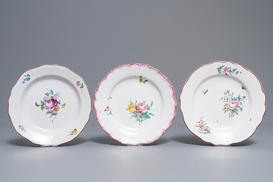 Three polychrome Tournai faience 'flower bouquet' plates, 18th C.