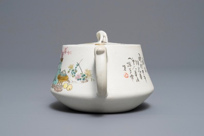 A Chinese qianjiang cai biscuit teapot and cover, dated 1894