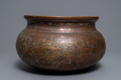 A large Islamic silvered and tinned copper basin, prob. Iran or Syria, 19th C.