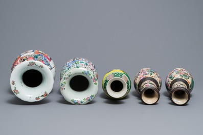 Five Chinese famille rose and verte vases, 19th C.