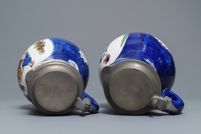 Two Brussels faience pewter-mounted blue-ground jugs, 19th C.