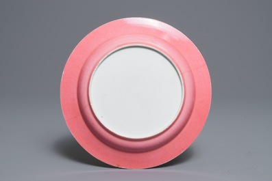 A Chinese famille rose eggshell 'ruby back' plate, Yongzheng