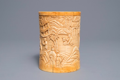 A Chinese carved ivory 'Seven Sages of the Bamboo Grove' brush pot, 18th C.