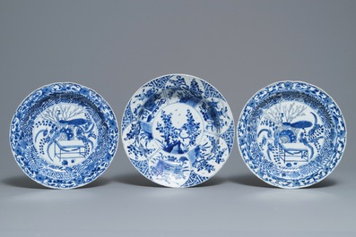 Three deep Chinese blue and white dishes, Kangxi