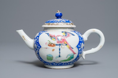 A rare Chinese famille rose 'perching parrot' teapot and cover, Yongzheng/Qianlong