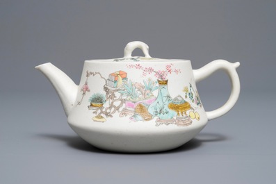 A Chinese qianjiang cai biscuit teapot and cover, dated 1894