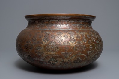 A large Islamic silvered and tinned copper basin, prob. Iran or Syria, 19th C.