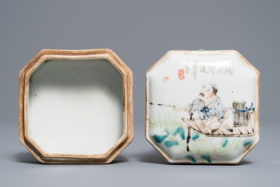 A Chinese qianjiang cai teapot and a box and cover, signed Ma Qingyun, 19/20th C.