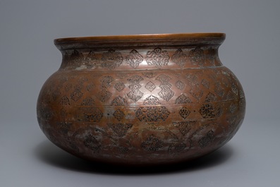 A large Islamic silvered and tinned copper basin, prob. Iran or Syria, 19th C.