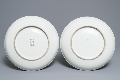Two Chinese famille verte 'battle' dishes, one with Kangxi mark, 19th C.
