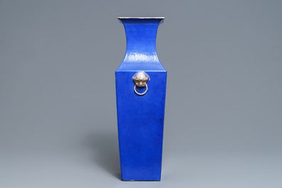 A square Chinese famille rose blue-ground vase, 19th C.