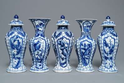 A Chinese blue and white five-piece garniture with figures in landscapes, Kangxi