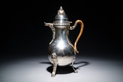 A Belgian Louis XVI silver tripod coffee jug with wooden handle, probably Ghent, 1792