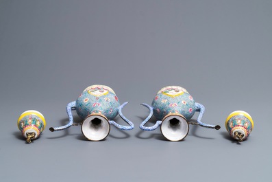 A pair of Chinese Islamic market Canton enamel ewers and covers, Qianlong/Jiaqing