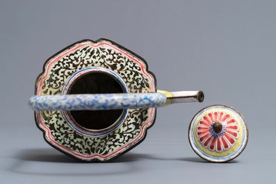 A Chinese Canton enamel &lsquo;European subject&rsquo; teapot and cover, Qianlong