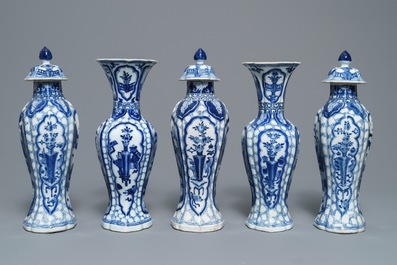 A Chinese blue and white five-piece garniture with figures in landscapes, Kangxi