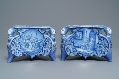 A pair of Dutch Delft blue and white candlestick bases, 17th C.