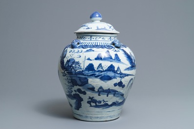 A large Chinese blue and white landscape vase and cover, Wanli