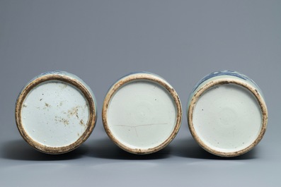 Three Chinese blue and white on celadon ground vases, 19th C.