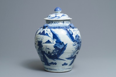 A large Chinese blue and white landscape vase and cover, Wanli