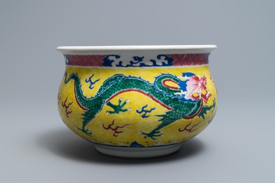 A Chinese famille rose yellow-ground 'dragon' censer, Yongzheng