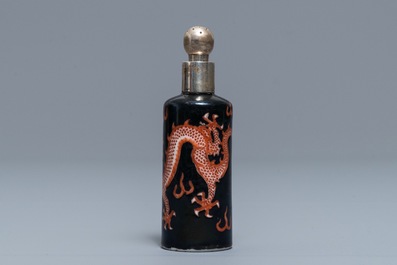 A Chinese silver-mounted famille noire 'dragon' snuff bottle, Qianlong/Jiaqing