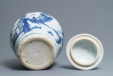 A large Chinese blue and white landscape vase and cover, Wanli