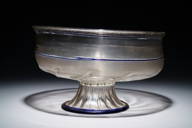 A large Venetian footed glass bowl with applied blue bands, Italy, 15/16th C.