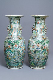A pair of very large Chinese famille verte vases with fine narrative design, 19th C.