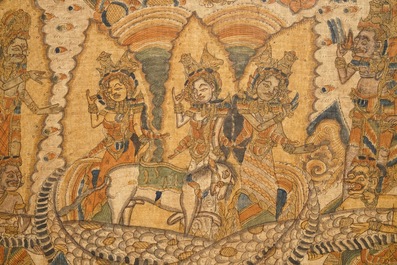 Ecole indon&eacute;sienne: Une sc&egrave;ne du Ramayana, encre et couleur sur tissu d'&eacute;corce, 19/20&egrave;me