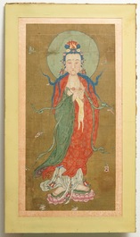 Chinese school: The goddess Guanyin standing, ink and colour on paper, 18/19th C.