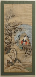 Chinese school: Two landscapes with ladies and peonies, ink and colour on silk, 18/19th C.