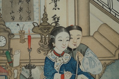 Ecole chinoise: Un couple allumant la pipe &agrave; opium, encre et couleur sur papier, 18/19&egrave;me