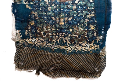 An uncut Chinese blue-ground five-clawed dragon robe, 19th C.
