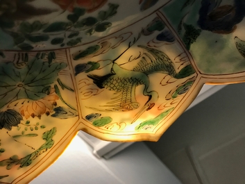 A pair of Chinese famille verte lotus-shaped plates, Kangxi