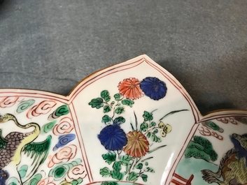 A pair of Chinese famille verte lotus-shaped plates, Kangxi