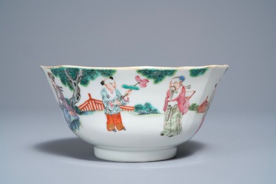 A Chinese octagonal famille rose bowl with figures in a landscape, Daoguang mark and of the period