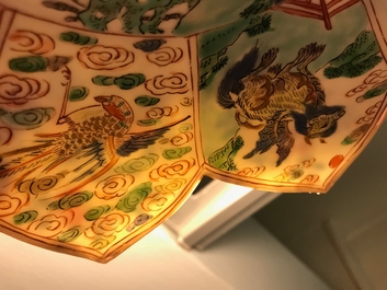 A pair of Chinese famille verte lotus-shaped plates, Kangxi