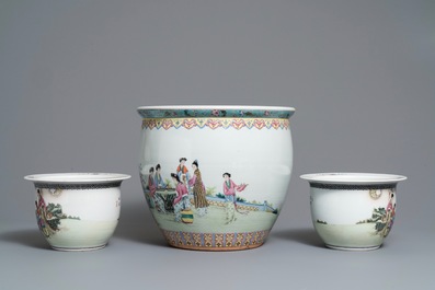 A pair of Chinese 'nine horses' vases and three famille rose jardini&egrave;res, Republic, 20th C.