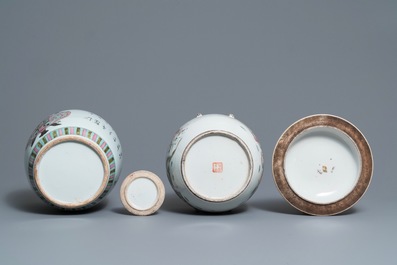 Five Chinese famille rose jars and covers, 19th C.