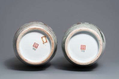 A pair of Chinese 'nine horses' vases and three famille rose jardini&egrave;res, Republic, 20th C.