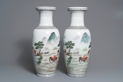 A pair of Chinese 'nine horses' vases and three famille rose jardini&egrave;res, Republic, 20th C.