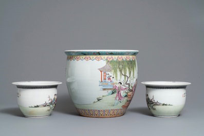 A pair of Chinese 'nine horses' vases and three famille rose jardini&egrave;res, Republic, 20th C.