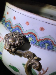 A Chinese gilt bronze-mounted famille verte bowl and cover, Kangxi