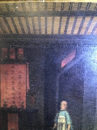 Tingqua (Canton, ca. 1809-1870): A tea scene in the stable, oil on canvas, signed l.r.