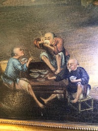 Tingqua (Canton, ca. 1809-1870): A tea scene in the stable, oil on canvas, signed l.r.