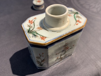 A Chinese famille verte tea caddy and cover, a moulded plate and two small vases, Kangxi