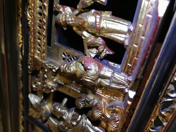 A Chinese Straits or Peranakan market gilded and lacquered wood altar box on stand and a table display, 19th C.