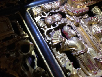 A Chinese Straits or Peranakan market gilded and lacquered wood altar box on stand and a table display, 19th C.