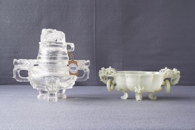 Two Chinese jade and rock crystal censers, 20th C.